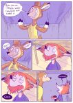  anthro brown_body canid canine clothing comic deer dessert dialogue doughnut dress duo female food fox hi_res male mammal red_body renita_reed shirt smile spanish_text speech_bubble tail text topwear 
