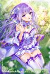  1girl bare_shoulders breasts cleavage commentary_request detached_sleeves dress emilia_(re:zero) flower frills full_body hair_flower hair_ornament hair_ribbon hand_up happy_birthday highres light_purple_hair long_hair long_sleeves looking_at_viewer medium_breasts miniskirt murakami_yuichi official_art open_mouth pleated_skirt pointy_ears purple_eyes purple_ribbon re:zero_kara_hajimeru_isekai_seikatsu ribbon rose second-party_source seiza sitting skirt solo thighhighs white_dress white_flower white_rose white_skirt white_thighhighs zettai_ryouiki 