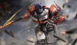  absurdres autobot blue_eyes glowing glowing_eyes highres kankitsurui_(house_of_citrus) machine machinery mecha mecha_focus no_humans optimus_prime robot science_fiction solo transformers transformers:_rise_of_the_beasts transformers_(live_action) weapon 