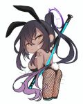  1girl animal_ears ass black_hair black_pantyhose blue_archive breasts chibi closed_mouth dark-skinned_female dark_skin ear_piercing fake_animal_ears fake_tail fishnet_pantyhose fishnets gradient_hair hair_between_eyes halo karin_(blue_archive) large_breasts leotard long_hair looking_at_viewer looking_back multicolored_hair nidaime_(doronbo) pantyhose piercing playboy_bunny ponytail purple_hair rabbit_ears rabbit_tail sample_watermark simple_background solo sweat tail white_background yellow_eyes 