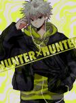  1boy bag black_jacket closed_mouth earphones hand_in_pocket highres hood hoodie hunter_x_hunter jacket killua_zoldyck long_sleeves looking_at_viewer male_child male_focus me open_clothes open_jacket short_hair shoulder_bag solo title white_hair yellow_background yellow_hoodie 