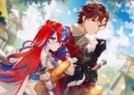  1boy 1girl aftergardens alear_(female)_(fire_emblem) alear_(fire_emblem) baguette black_gloves blue_eyes blue_hair blue_sky bread closed_mouth diamant_(fire_emblem) fire_emblem fire_emblem_engage food gloves hair_between_eyes highres holding holding_food long_hair long_sleeves multicolored_hair red_eyes red_hair short_hair sky sword two-tone_hair weapon 