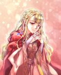  1girl blonde_hair braid cape dress eglantine_(honzuki_no_gekokujou) honzuki_no_gekokujou jewelry long_hair orange_eyes own_hands_together red_background red_cape red_dress ring sekura solo very_long_hair wide_sleeves 