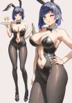 1girl alternate_costume anteiru black_bow black_bowtie black_leotard blue_hair bottle bow bowtie breasts clothing_cutout cup detached_collar drinking_glass genshin_impact green_eyes hand_on_own_hip highres holding holding_bottle holding_tray large_breasts leotard multiple_views navel navel_cutout one_eye_closed pantyhose parted_lips playboy_bunny short_hair tray yelan_(genshin_impact) 
