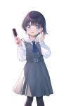  1girl belt black_hair black_pantyhose blue_eyes blue_necktie blush comb dress feet_out_of_frame grey_belt grey_dress highres holding holding_comb long_sleeves na-ga necktie open_mouth original pantyhose short_hair simple_background solo tears white_background 