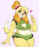  &lt;3 2023 5:6 5_fingers animal_crossing anthro artkett1412 belly black_nose blep blonde_hair brown_eyes canid canine canis clothed clothing dipstick_tail domestic_dog eyelashes female fingers green_clothing hair hi_res isabelle_(animal_crossing) looking_at_viewer mammal markings midriff navel nintendo shih_tzu simple_background smile smiling_at_viewer solo tail tail_markings thick_thighs tongue tongue_out toy_dog 