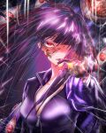  1girl backsusang black_gloves breasts cape cigarette e.g.o_(project_moon) gloves highres holding holding_cigarette jacket limbus_company long_hair medium_breasts parted_lips project_moon purple_cape purple_hair purple_jacket red_eyes ryoshu_(limbus_company) silk smoke smoking solo spider_bud spider_web upper_body very_long_hair 