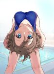  1girl absurdres bending_backward blue_eyes blush borgbutler breasts brown_hair commission competition_swimsuit highres looking_at_viewer looking_back love_live! love_live!_sunshine!! medium_breasts one-piece_swimsuit pixiv_commission pool school_swimsuit short_hair solo straight-on stretching swimsuit watanabe_you 