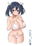  1girl absurdres bare_shoulders bikini blue_eyes blue_hair blush breasts cleavage collarbone hair_ribbon highres kantai_collection large_breasts long_hair looking_at_viewer navel ribbon short_hair simple_background smile solo souryuu_(kancolle) swimsuit tf_cafe twintails twitter_username white_background white_bikini white_ribbon 