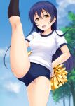  1girl :d black_socks blue_buruma blue_hair blurry blurry_background breasts buruma commentary dark_blue_hair day gym_shirt gym_uniform hands_on_own_hips highres hino_minato_(spec.c) holding holding_pom_poms kneehighs leg_lift leg_up long_hair looking_at_viewer love_live! love_live!_school_idol_project medium_breasts open_mouth outdoors pom_pom_(cheerleading) shirt sky smile socks solo sonoda_umi sweat thighs tree yellow_eyes 