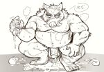  2023 anthro balls belly big_belly bodily_fluids condom cum filled_condom genital_fluids genitals hi_res japanese_text kemono male mammal moobs nipples overweight overweight_male penis sexual_barrier_device solo suid suina sus_(pig) text wild_boar yazoe 