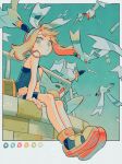  1girl bare_arms bike_shorts blue_shirt border bow_hairband closed_mouth color_guide full_body grey_border grey_eyes hairband highres long_hair looking_at_viewer may_(pokemon) mudkip oharu-chan orange_hair outdoors outside_border pastel_colors pokemon pokemon_(creature) pokemon_adventures railing shirt shoe_soles sitting sleeveless sleeveless_shirt solo wingull yellow_footwear 