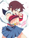  1girl :d aetherion blue_skirt brown_eyes brown_hair clenched_hands collared_shirt headband highres kasugano_sakura looking_at_viewer open_mouth petals punching school_uniform serafuku shirt short_hair simple_background skirt smile solo street_fighter v-shaped_eyebrows white_background white_shirt 