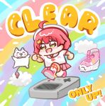  1girl 35p_(sakura_miko) :d ahoge blush cat_hair_ornament chibi cloud copyright_name english_text full_body game_boy green_eyes hair_between_eyes hair_ornament hairclip handheld_game_console haseco777 hat highres hololive multicolored_background nintendo only_up! open_mouth oversized_object pink_hair pink_skirt plaid plaid_skirt red_ribbon ribbon running sakura_miko shirt shoes short_sleeves skirt smile sneakers solo split_mouth striped striped_background virtual_youtuber white_headwear white_shirt 