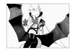  1girl :d animal_ears border cape commentary cropped_jacket dark-skinned_female dark_skin demon_girl demon_horns demon_wings earrings fangs fingernails greyscale highres horns jewelry kushiro_yuu large_wings long_sleeves looking_at_viewer low_wings monochrome original pants polka_dot polka_dot_background sharp_fingernails shirt_tucked_in smile solo symbol-only_commentary tail white_border wings 