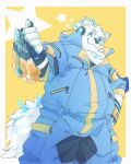  2023 anthro belly big_belly black_nose canid canine canis clothed clothing domestic_dog hi_res humanoid_hands kemono lifewonders live_a_hero male mammal ottyo_kope overweight overweight_male simple_background solo white_body yohack 