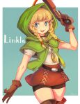 1girl absurdres blonde_hair blue_eyes blush boots braid brown_footwear brown_gloves character_name choker commentary_request gloves highres hyrule_warriors linkle looking_at_viewer medium_hair open_mouth sho.t short_sleeves smile solo teeth the_legend_of_zelda thigh_boots twin_braids upper_teeth_only 
