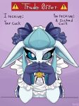  absurd_res anthro blind_eye bodily_fluids eeveelution generation_4_pokemon girly glaceon hi_res lacie_(skoon) looking_at_viewer male meme nintendo pokemon pokemon_(species) pokemorph skoon solo sweat tea_party_style_glaceon text trade_offer 