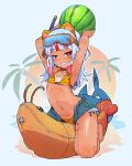  1girl animal_print bikini blue_hair blunt_bangs fins fish_tail food fruit gawr_gura grey_hair gyaru highres hololive hololive_english inflatable_toy looking_at_viewer moral_cacoethes multicolored_hair red_eyes red_hair shark_girl shark_tail short_shorts shorts shrimp smile snorkel_mask streaked_hair swimsuit tail tan tanlines tiger_print virtual_youtuber watermelon 