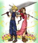  1boy 1girl aerith_gainsborough armor baggy_pants bandaged_arm bandages bangle belt blonde_hair blue_eyes blue_pants blue_shirt boots bracelet braid braided_ponytail breasts brown_belt brown_footwear brown_gloves brown_hair buster_sword buttons choker cleavage cloud_strife cropped_jacket curly_hair dress final_fantasy final_fantasy_vii flower flower_bed full_body gloves green_eyes hair_between_eyes hair_ribbon holding holding_staff holding_sword holding_weapon huge_weapon jacket jewelry long_dress long_hair looking_at_viewer materia medium_breasts open_mouth over_shoulder pants parted_bangs pink_dress pink_flower pink_ribbon pointing popochan-f puffy_short_sleeves puffy_sleeves purple_flower red_jacket ribbon ribbon_choker scratching_cheek shirt short_hair short_sleeves shoulder_armor shoulder_spikes sidelocks single_braid sleeveless sleeveless_turtleneck smile spiked_hair spikes staff standing suspenders sword turtleneck weapon weapon_over_shoulder white_flower yellow_flower 