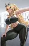  1girl abs bare_shoulders barghest_(fate) biceps black_pants black_sports_bra blonde_hair breasts cleavage collarbone fate/grand_order fate_(series) green_eyes gym heterochromia highres horns large_breasts long_hair looking_at_viewer muscular muscular_female navel pants ponytail raskasar red_eyes solo sports_bra thick_thighs thighs tight_clothes tight_pants yoga_pants 