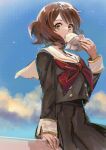  1girl baozi brown_hair brown_serafuku brown_shirt brown_skirt commentary_request eating food hibike!_euphonium highres kitauji_high_school_uniform long_sleeves looking_at_viewer medium_hair neckerchief oumae_kumiko pleated_skirt red_neckerchief school_uniform serafuku shirt sitting skirt sky solo twitter_username uraki_(tetsu420) yellow_eyes 