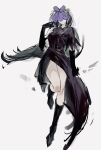  1girl absurdres black_dress black_gloves black_hair boots china_dress chinese_clothes closed_mouth commentary covered_eyes dress elbow_gloves full_body gloves grey_background highres long_hair looking_at_viewer po_(anhk5528) simple_background solo touhou yomotsu_hisami 