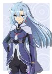  1girl a_(xenoblade) absurdres artist_name blue_eyes blue_hair bodysuit closed_mouth cowboy_shot earrings hand_on_own_hip highres jewelry light_blue_hair long_hair looking_at_viewer ryochan96154 solo xenoblade_chronicles_(series) xenoblade_chronicles_3 xenoblade_chronicles_3:_future_redeemed 