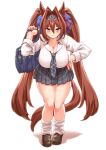  1girl animal_ears bag blue_bag blue_necktie blue_sky blush bow breasts brown_hair checkered_clothes checkered_necktie checkered_skirt cleavage collarbone daiwa_scarlet_(umamusume) demekyon gyaru hair_bow hair_intakes hand_on_own_hip handbag highres horse_ears horse_girl horse_tail kogal large_breasts leaning_forward long_hair loose_necktie loose_socks necktie pink_nails pleated_skirt red_bow red_eyes school_uniform skirt sky socks solo tail tiara twintails umamusume very_long_hair white_socks 