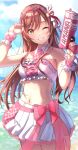  1girl absurdres beach blue_sky blush breasts citrusmikan cloud cloudy_sky collarbone day detached_collar eyewear_on_head finger_on_trigger frilled_tube_top grin hair_ornament hair_ribbon highres holding holding_water_gun horizon idolmaster idolmaster_shiny_colors long_hair looking_at_viewer medium_breasts nail_polish navel necktie ocean one_eye_closed open_mouth osaki_amana outdoors pink_necktie plaid_necktie pleated_skirt red_hair ribbon skirt sky smile solo standing star-shaped_eyewear strapless sunglasses sweat swept_bangs teeth tinted_eyewear tube_top water water_gun white_skirt wrist_cuffs yellow_eyes 