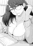  1girl absurdres book bookshelf breasts cleavage glasses greyscale hadashi_no_kenji highres holding holding_pencil indoors large_breasts long_hair looking_at_viewer monochrome open_book open_mouth original pencil solo sweater writing 