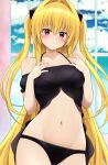  1girl babydoll bare_shoulders black_bra black_panties blonde_hair blush bra breasts cleavage collar collarbone hair_ornament highres jampen konjiki_no_yami long_hair looking_at_viewer medium_breasts navel panties red_eyes solo to_love-ru to_love-ru_darkness two_side_up underwear very_long_hair 