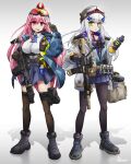  2girls absurdres assault_rifle beach black_footwear black_headwear blue_jacket blue_skirt breasts brown_gloves brown_pantyhose brown_thighhighs closed_mouth clukay_(girls&#039;_frontline_nc) collared_shirt commentary dress_shirt earrings english_commentary facial_mark girls&#039;_frontline girls&#039;_frontline_neural_cloud gloves goggles goggles_on_head goggles_on_headwear gradient_background green_eyes grey_background grey_gloves grey_hair grey_jacket grey_shirt gun h&amp;k_hk416 hair_between_eyes hair_ornament hairclip heart heart_earrings highres hk416_(girls&#039;_frontline) holding holding_gun holding_weapon hood hood_down hoodie jacket jestami jewelry long_sleeves medium_breasts multiple_girls object_hug open_clothes open_jacket pantyhose pleated_skirt puffy_long_sleeves puffy_sleeves purple_hoodie red_eyes rifle shirt shoes sig_mcx_(girls&#039;_frontline) sig_sauer_mcx skirt thighhighs weapon white_background 