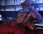  abs anthro arm_strap beverage biceps bottomwear bulge claws clothed clothing container cup detailed_background dioni5 dragon glowing glowing_eyes holding_object horn hybrid looking_at_viewer male muscular muscular_anthro muscular_male mythology nails open_bottomwear open_clothing open_pants pants pecs pupils scalie serratus sharp_claws sharp_horn sharp_nails sitting slit_pupils smile smirk solo spikes suspenders topless unzipped unzipped_pants zipper zipper_down 