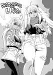  2girls absurdres adapted_costume ahoge android_17 android_17_(cosplay) android_18 android_18_(cosplay) belt_pouch breasts cleavage commentary_request cosplay denim denim_skirt dragon_ball dragon_ball_z from_below frown greyscale heart heart_ahoge highres hololive jacket jeans large_breasts long_hair monochrome multiple_girls neckerchief pants pointy_ears pouch shirt shishiro_botan skirt smile striped striped_shirt takayama_akira torn_clothes torn_pants translation_request very_long_hair virtual_youtuber yukihana_lamy 