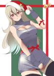  1girl :o alternate_costume bare_shoulders black_thighhighs breasts cleavage cleavage_cutout clothing_cutout corrin_(female)_(fire_emblem) corrin_(fire_emblem) cowboy_shot dress dress_tug earrings fe135700 fingerless_gloves fire_emblem fire_emblem_fates gloves hair_between_eyes hat highres jewelry long_hair looking_at_viewer pointy_ears red_eyes red_headwear ribbed_dress ribbed_gloves santa_hat sleeveless sleeveless_dress solo star_(symbol) star_earrings thighhighs turtleneck turtleneck_dress white_hair 