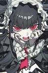  1girl black_hair black_jacket black_nails celestia_ludenberg center_frills chappii_(paon_gunsou) colored_skin danganronpa:_trigger_happy_havoc danganronpa_(series) drill_hair earrings frilled_jacket frills hands_up headdress highres jacket jewelry long_hair long_sleeves nail_polish necktie pink_necktie red_eyes solo teeth tongue twin_drills twintails white_skin 