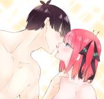  1boy 1girl absurdres black_hair black_ribbon blue_eyes blunt_bangs blush butterfly_hair_ornament collarbone commentary completely_nude couple eye_contact eyes_visible_through_hair go-toubun_no_hanayome hair_ornament hair_ribbon hand_on_another&#039;s_shoulder hetero highres imminent_kiss looking_at_another medium_hair nakano_nino nose nude out-of-frame_censoring parted_lips pink_hair profile ribbon short_hair sidelocks simple_background straight_hair swept_bangs topless_male tsubo_hana_007 two_side_up uesugi_fuutarou yellow_background yellow_eyes 