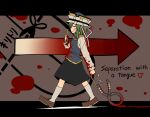  1girl arrow_(symbol) black_skirt blood blood_on_clothes blood_on_face blood_on_hands blood_splatter blue_vest brown_footwear closed_eyes closed_mouth commentary_request cut-here_line english_text epaulettes flat_chest frilled_hat frills full_body green_hair grey_headwear hair_between_eyes hat highres holding holding_pliers kuri_dora loafers long_bangs long_sleeves pliers profile rod_of_remorse shiki_eiki shirt shoes short_hair skirt smile socks solo touhou vest walking white_shirt white_socks 