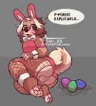  absurd_res anthro anus balls bunny_costume butt canid canine canis clothing costume domestic_dog egg_insertion emi_05 emi_05_owo fake_ears fake_rabbit_ears genitals girly hi_res male male/male mammal pawpads paws shiba_inu solo spanish_text spitz text 