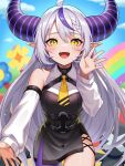  1girl ahoge ascot bare_shoulders black_horns detached_sleeves grey_hair highres hololive horns imahuku la+_darknesss la+_darknesss_(1st_costume) long_hair looking_at_viewer multicolored_hair o-ring open_mouth pantyhose pointy_ears purple_hair purple_pantyhose single_leg_pantyhose slit_pupils solo streaked_hair striped_horns virtual_youtuber yellow_ascot yellow_eyes 
