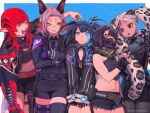  5girls aelnesse_(brs_fragment) animal_ear_fluff animal_ears averil_(brs_fragment) bare_shoulders bikini black_bikini black_bra black_gloves black_hair black_jacket black_necktie black_rock_shooter_fragment black_scarf black_shorts black_thighhighs blue_background blue_eyes bra burakku_rokkushuutaa_f closed_eyes closed_mouth collared_shirt covered_navel earrings elishka_(black_rock_shooter) eyewear_removed facial_tattoo fingerless_gloves flaming_eye gloves green_eyes grey_pantyhose hair_ornament highres hood hooded_jacket horns jacket jewelry laughing long_hair long_pointy_ears mask midriff mismatched_pupils mouth_mask multiple_girls naomi_(brs_fragment) navel necktie oni_horns open_mouth pantyhose pink_hair pointy_ears purple_gloves red_hair scarf shirt short_eyebrows shorts sidelocks star-shaped_pupils star_(symbol) swimsuit symbol-shaped_pupils tattoo thighhighs twintails underwear uneven_horns uneven_twintails yvette_(brs_fragment) 