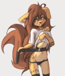  2023 anthro apogee_(tinygaypirate) belt breasts canid canine canis clothed clothing clothing_lift digital_media_(artwork) domestic_dog female female_anthro floppy_ears fur hair hi_res kemono legwear long_hair mammal navel off_shoulder panties piercing portrait shirt shirt_lift slim small_breasts small_waist solo spitz tattoo thigh_highs three-quarter_portrait tinygaypirate topwear underwear 