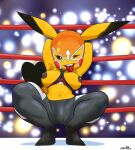  absurd_res anthro big_breasts breasts clothing cosplay_pikachu_(costume) crouching ctankomega exposed_breasts female fighting_ring generation_1_pokemon hands_behind_head hi_res nintendo pikachu pikachu_libre pokemon pokemon_(species) solo tongue tongue_out 