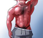  2022 abs anthro arm_tattoo armpit_hair barechested biceps bodily_fluids body_hair bovid bovine breath_cloud cattle chest_hair clothed clothing deltoids facial_hair glistening glistening_body glistening_muscles goatee happy_trail hi_res lowered_pants male mammal manly mrloodness_(artist) muscular navel nipples obliques pecs shirtless shirtless_male shoulder_tattoo simple_background solo standing sweat sweatpants tattoo thong topless topless_male triceps underwear 