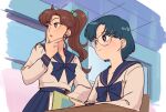  2girls bishoujo_senshi_sailor_moon blue_eyes blue_hair blush book brown_hair closed_mouth earrings glasses green_eyes hair_bobbles hair_ornament indoors jewelry kino_makoto long_hair mizuno_ami multiple_girls open_mouth ponytail sailor_jupiter sailor_mercury school_uniform short_hair ticcy 