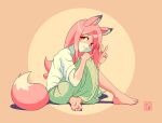  1girl absurdres animal_ears animal_nose artist_name bad_id bad_pixiv_id barefoot body_fur brand_new_animal feet fox_ears fox_girl fox_tail full_body furry furry_female green_skirt hand_on_own_knee highres hiwatashi_nazuna long_hair long_skirt looking_at_viewer michirutnk multicolored_fur on_ground orange_background pink_fur pink_hair red_eyes shadow shirt skirt snout soles solo tail toes two-tone_background v white_fur white_shirt yellow_background 