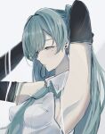  1girl aged_up arm_behind_head armpits between_breasts black_sleeves blue_hair blue_necktie blurry blush breast_pocket breasts collared_shirt depth_of_field detached_sleeves earrings frilled_shirt frills from_side hair_between_eyes hair_over_one_eye hair_tie_in_mouth hatsune_miku highres jewelry long_hair looking_down mole mole_under_eye mouth_hold necktie necktie_between_breasts pocket shirt sidelocks simple_background sleeveless sleeveless_shirt small_breasts solo stud_earrings turn3341 twintails tying_hair upper_body vocaloid white_background white_shirt 