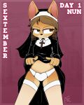  absurd_res anthro bow_panties bow_underwear canid canine canis christianity clothed clothing clothing_lift cross domestic_dog female hi_res mammal nun nun_habit nun_outfit panties religion sextember tdfoxoo underwear white_clothing white_panties white_underwear young 