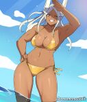  1girl ;d absurdres animal_ears arm_up armpits bikini blue_sky boku_no_hero_academia breasts cleavage cloud collarbone dark-skinned_female dark_skin english_commentary gold_bikini hand_on_own_hip highres large_breasts light_particles long_eyelashes mirko navel one_eye_closed outdoors parted_bangs rabbit_ears rabbit_girl red_eyes side-tie_bikini_bottom sky smile solo stomach sunlight swimsuit thighs toned twitter_username wading water white_hair zero_momentai 